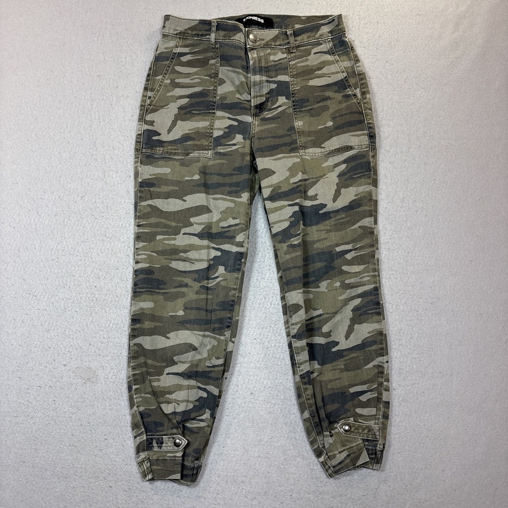 Express Women Cargo Pant Green Camo High Rise Snap Ankle Cotton Blend Jogger 6R